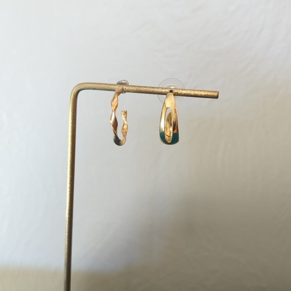 Two Pair Gold Tone Half Hoop Earrings One Twisted & One Split Middle Hoop